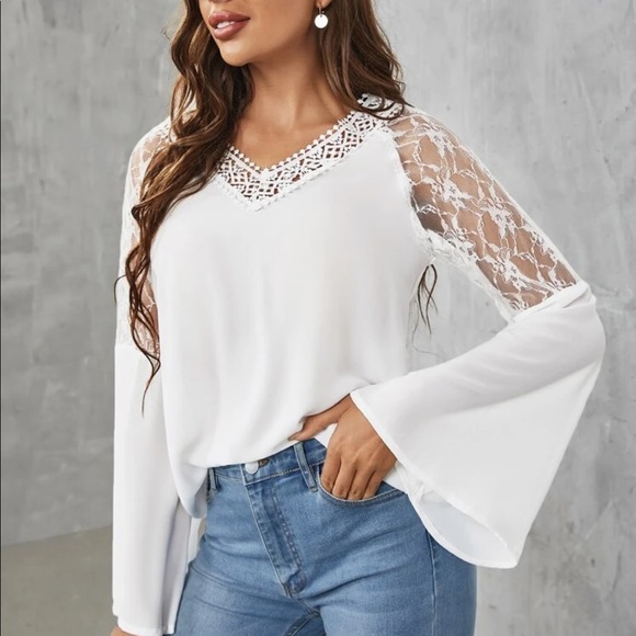 Boho white  lace insert V neck blouse - Picture 9 of 16